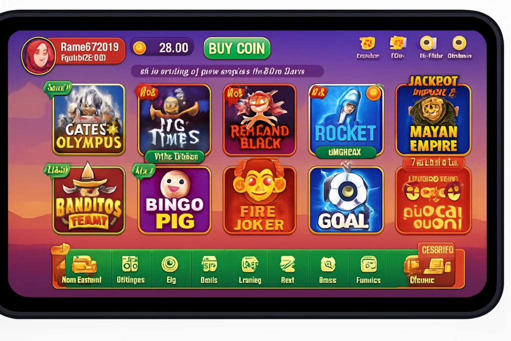PKR 888 casino app showing colorful game icons on a mobile screen